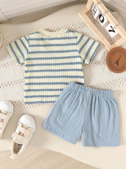 2pcs Set, Baby Boy, Casual Fashion Cute, Soft And Comfortable, "Mom's Boy" Letter Embroidered Knit Textured Striped T-Shirt And Solid Color Sports Shorts Outfit, Baby Boy Clothing, Toddler Boy Clothin