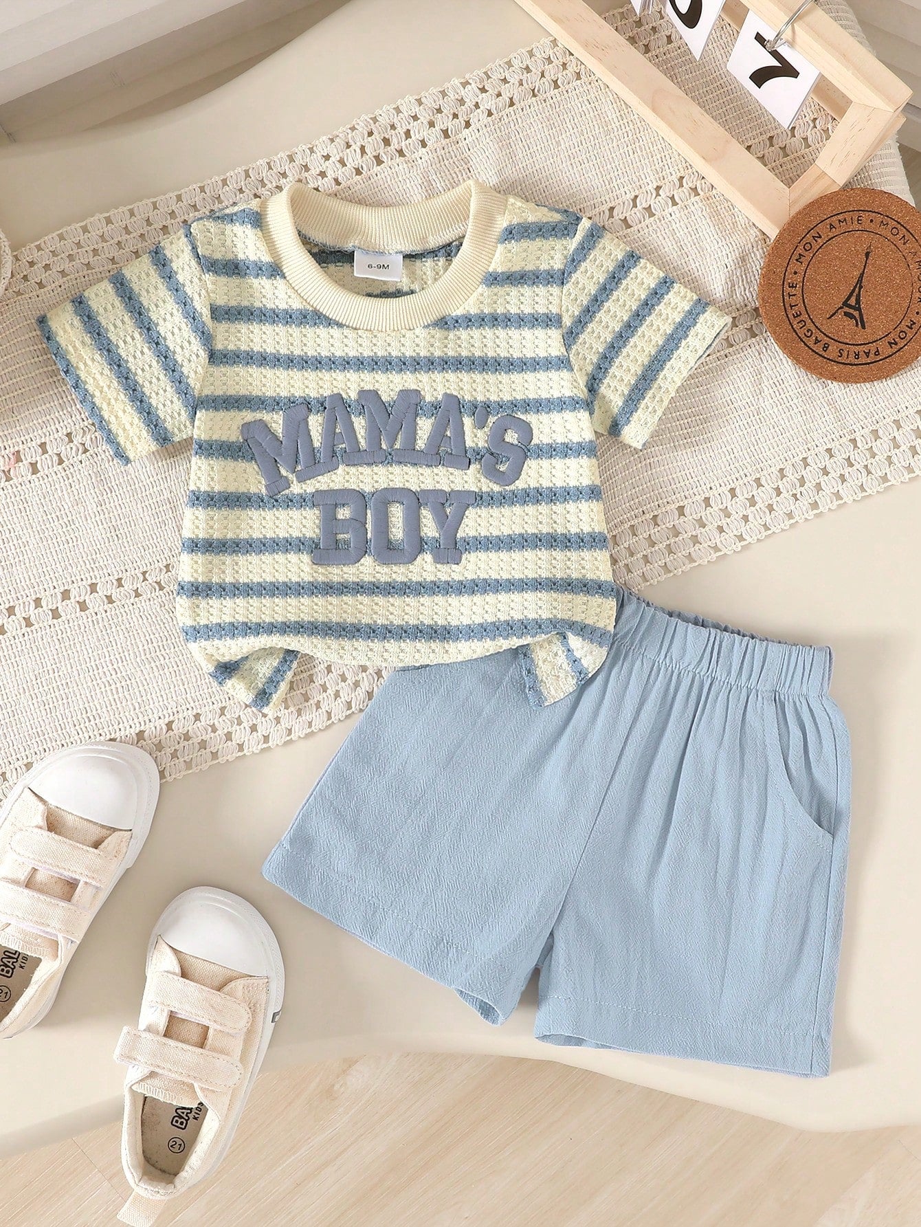 2pcs Set, Baby Boy, Casual Fashion Cute, Soft And Comfortable, "Mom's Boy" Letter Embroidered Knit Textured Striped T-Shirt And Solid Color Sports Shorts Outfit, Baby Boy Clothing, Toddler Boy Clothin