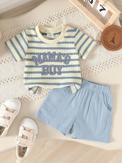 2pcs Set, Baby Boy, Casual Fashion Cute, Soft And Comfortable, "Mom's Boy" Letter Embroidered Knit Textured Striped T-Shirt And Solid Color Sports Shorts Outfit, Baby Boy Clothing, Toddler Boy Clothin