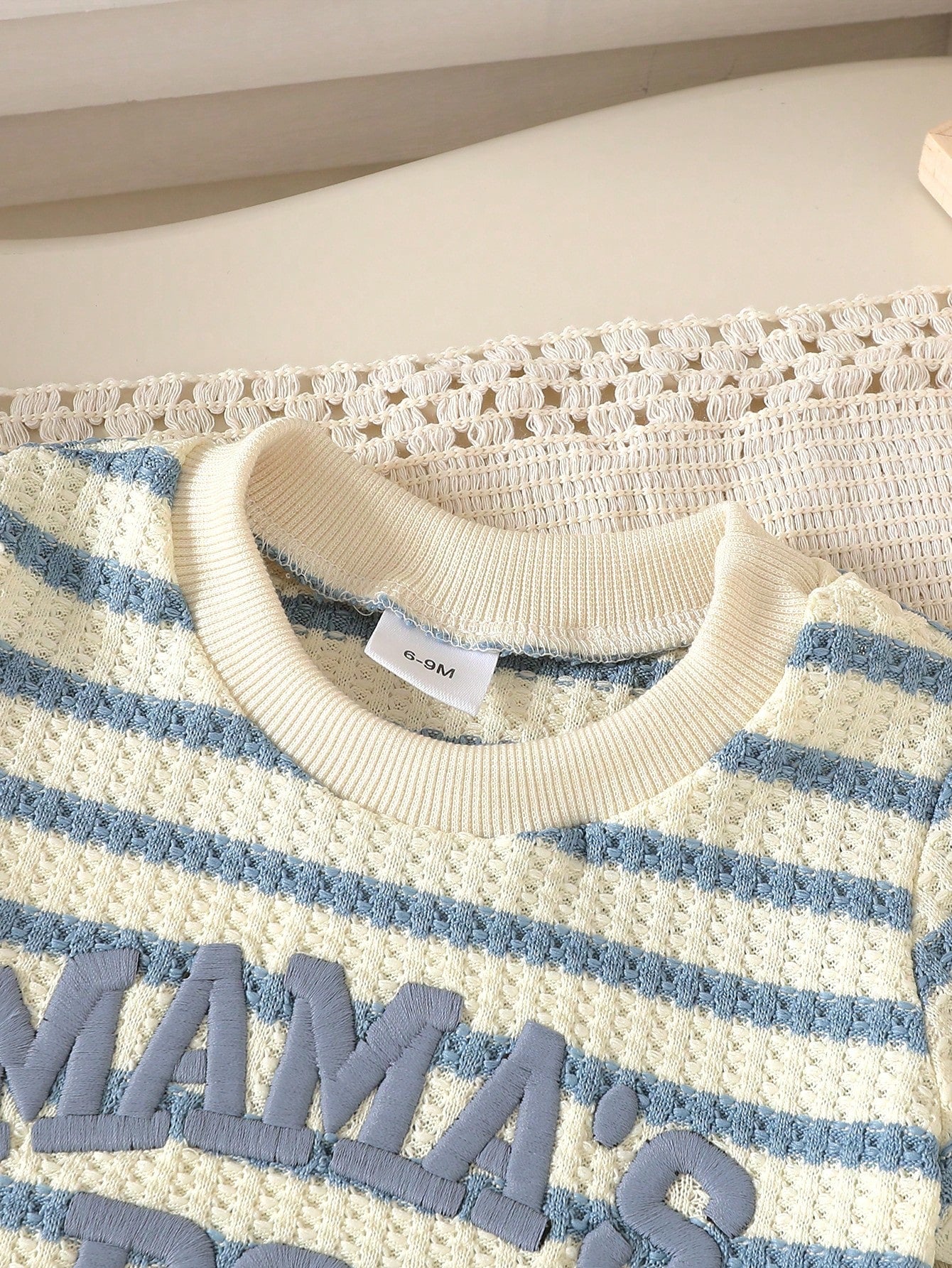 2pcs Set, Baby Boy, Casual Fashion Cute, Soft And Comfortable, "Mom's Boy" Letter Embroidered Knit Textured Striped T-Shirt And Solid Color Sports Shorts Outfit, Baby Boy Clothing, Toddler Boy Clothin