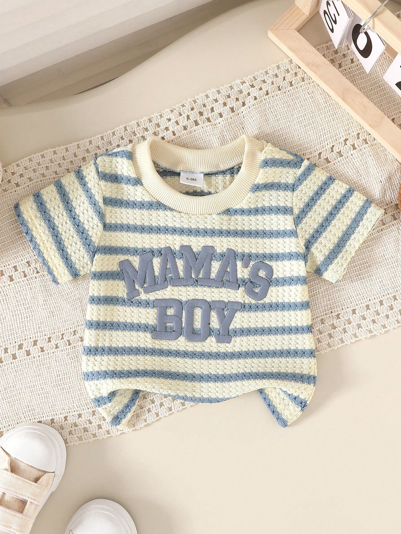 2pcs Set, Baby Boy, Casual Fashion Cute, Soft And Comfortable, "Mom's Boy" Letter Embroidered Knit Textured Striped T-Shirt And Solid Color Sports Shorts Outfit, Baby Boy Clothing, Toddler Boy Clothin