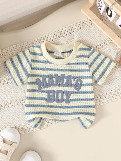 2pcs Set, Baby Boy, Casual Fashion Cute, Soft And Comfortable, "Mom's Boy" Letter Embroidered Knit Textured Striped T-Shirt And Solid Color Sports Shorts Outfit, Baby Boy Clothing, Toddler Boy Clothin