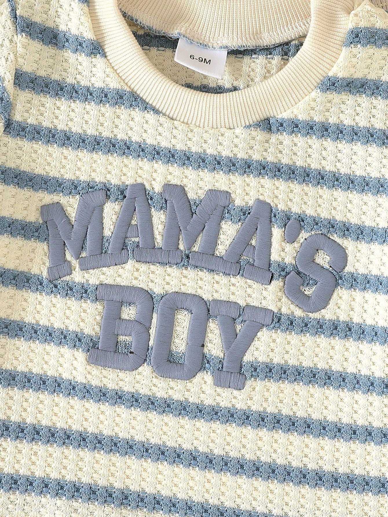 2pcs Set, Baby Boy, Casual Fashion Cute, Soft And Comfortable, "Mom's Boy" Letter Embroidered Knit Textured Striped T-Shirt And Solid Color Sports Shorts Outfit, Baby Boy Clothing, Toddler Boy Clothin