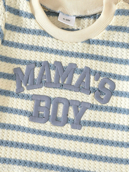 2pcs Set, Baby Boy, Casual Fashion Cute, Soft And Comfortable, "Mom's Boy" Letter Embroidered Knit Textured Striped T-Shirt And Solid Color Sports Shorts Outfit, Baby Boy Clothing, Toddler Boy Clothin