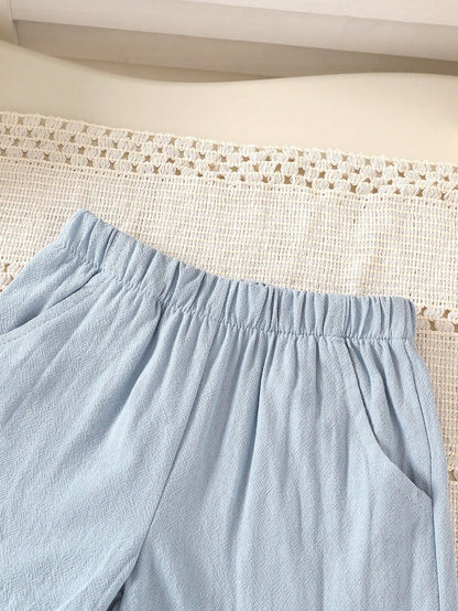 2pcs Set, Baby Boy, Casual Fashion Cute, Soft And Comfortable, "Mom's Boy" Letter Embroidered Knit Textured Striped T-Shirt And Solid Color Sports Shorts Outfit, Baby Boy Clothing, Toddler Boy Clothin