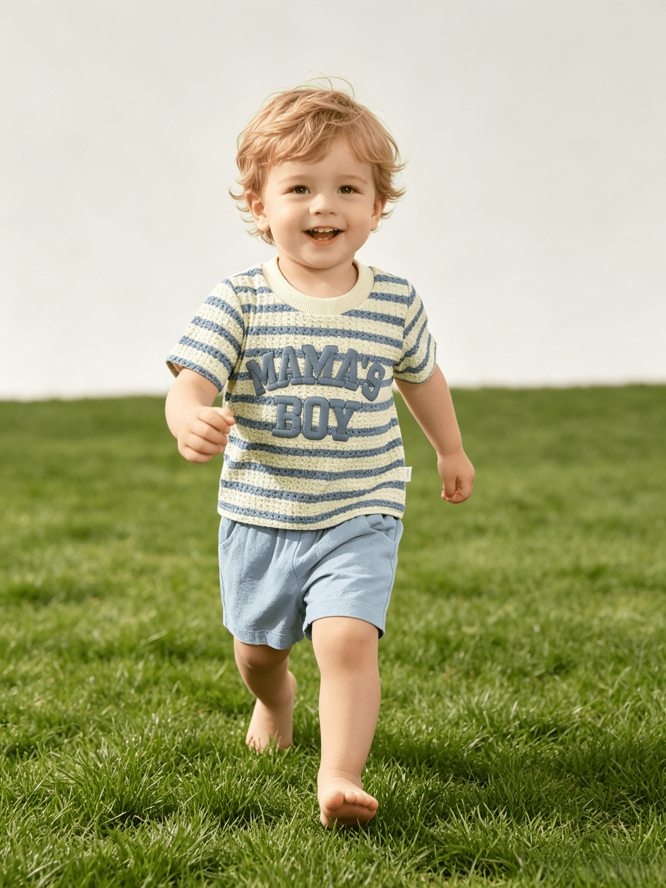 2pcs Set, Baby Boy, Casual Fashion Cute, Soft And Comfortable, "Mom's Boy" Letter Embroidered Knit Textured Striped T-Shirt And Solid Color Sports Shorts Outfit, Baby Boy Clothing, Toddler Boy Clothin