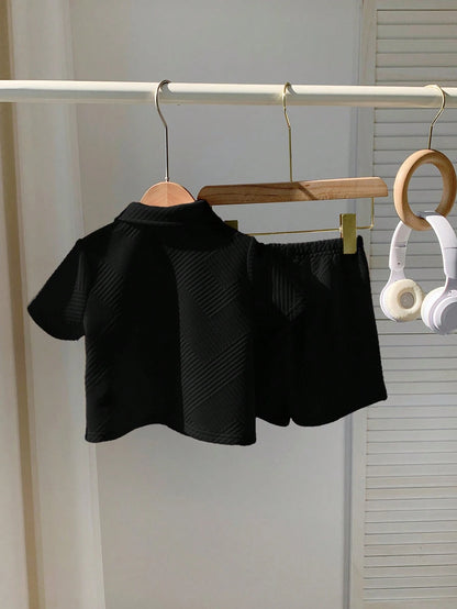 2pcs/Set Baby Boy Cute Knit Black Polo Shirt & Shorts Set,Summer Casual Vacation Outfit For Birthday Party,Performance,Wedding,Baptism & Celebration