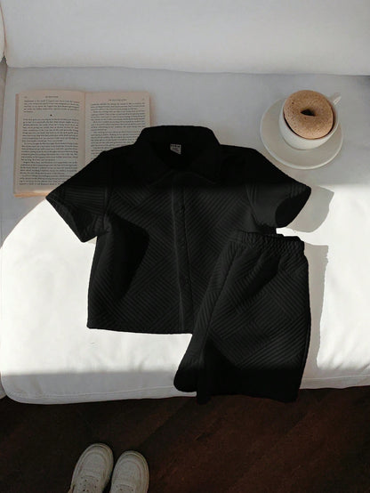 2pcs/Set Baby Boy Cute Knit Black Polo Shirt & Shorts Set,Summer Casual Vacation Outfit For Birthday Party,Performance,Wedding,Baptism & Celebration