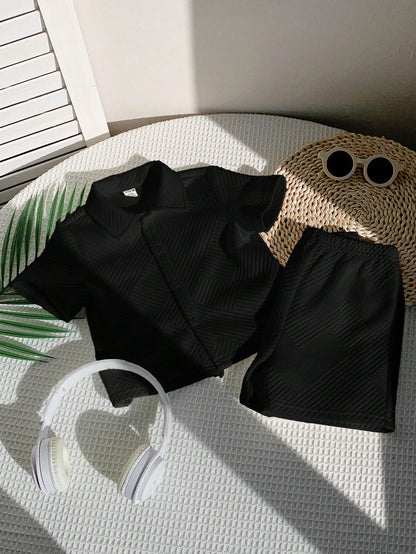 2pcs/Set Baby Boy Cute Knit Black Polo Shirt & Shorts Set,Summer Casual Vacation Outfit For Birthday Party,Performance,Wedding,Baptism & Celebration