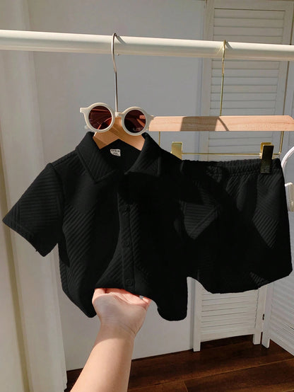 2pcs/Set Baby Boy Cute Knit Black Polo Shirt & Shorts Set,Summer Casual Vacation Outfit For Birthday Party,Performance,Wedding,Baptism & Celebration