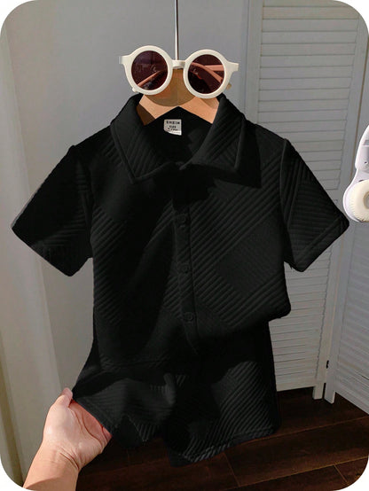 2pcs/Set Baby Boy Cute Knit Black Polo Shirt & Shorts Set,Summer Casual Vacation Outfit For Birthday Party,Performance,Wedding,Baptism & Celebration