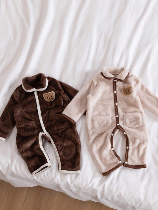 2pcs Set Baby Boy Plush Bear Applique Long Sleeve Romper Pajamas
