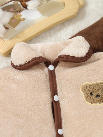 2pcs Set Baby Boy Plush Bear Applique Long Sleeve Romper Pajamas