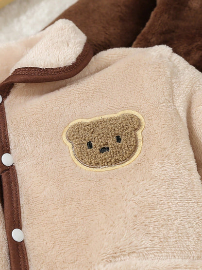 2pcs Set Baby Boy Plush Bear Applique Long Sleeve Romper Pajamas