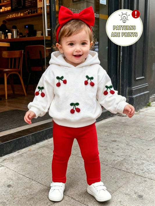 2pcs/Set Baby Girl 0-3 Years Old White And Red Hooded Sweatshirt, 3D Embroidered Cherry Print, Paired With Solid Color Leggings, Cute Parent-Child Outfit For Autumn