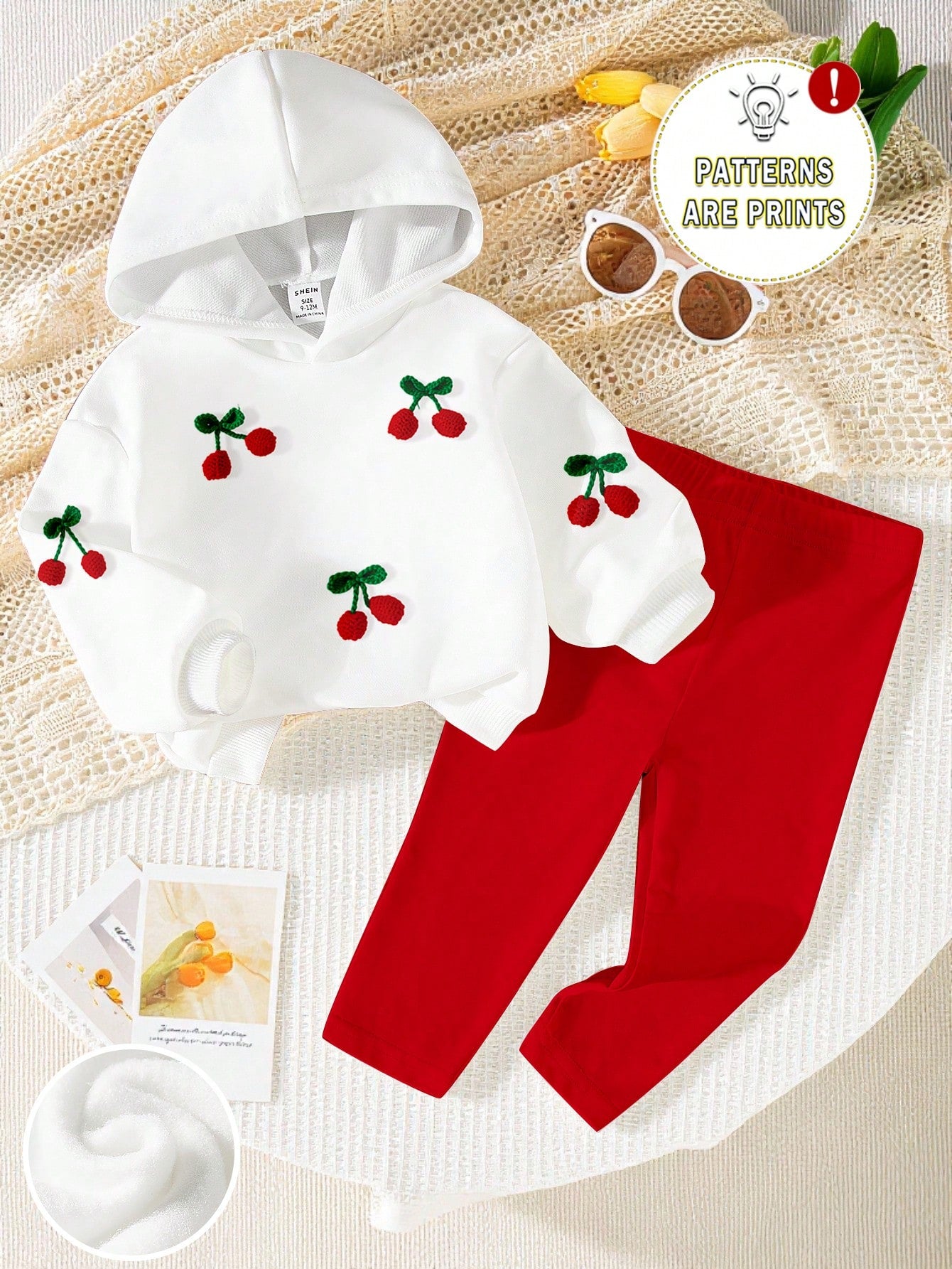 2pcs/Set Baby Girl 0-3 Years Old White And Red Hooded Sweatshirt, 3D Embroidered Cherry Print, Paired With Solid Color Leggings, Cute Parent-Child Outfit For Autumn