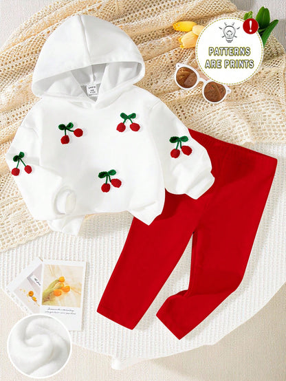 2pcs/Set Baby Girl 0-3 Years Old White And Red Hooded Sweatshirt, 3D Embroidered Cherry Print, Paired With Solid Color Leggings, Cute Parent-Child Outfit For Autumn