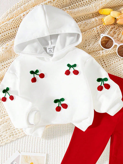 2pcs/Set Baby Girl 0-3 Years Old White And Red Hooded Sweatshirt, 3D Embroidered Cherry Print, Paired With Solid Color Leggings, Cute Parent-Child Outfit For Autumn