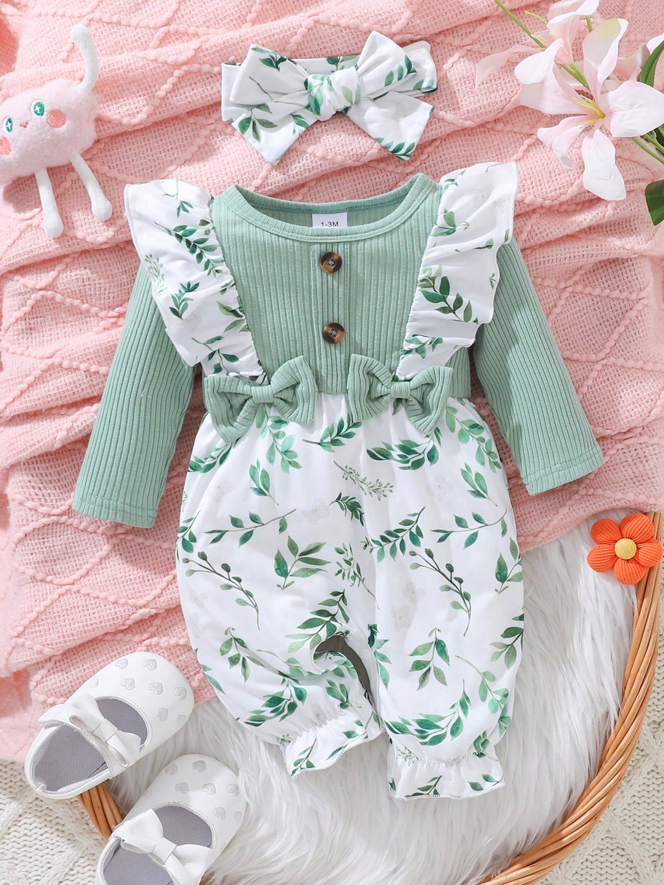 2pcs/Set Baby Girl Autumn/Winter Green Long Sleeve Lace Bow Button Leaf Allover Print Jumpsuit And Headband Set