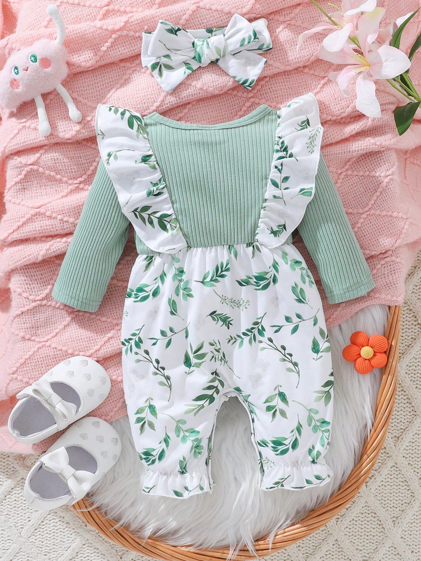 2pcs/Set Baby Girl Autumn/Winter Green Long Sleeve Lace Bow Button Leaf Allover Print Jumpsuit And Headband Set