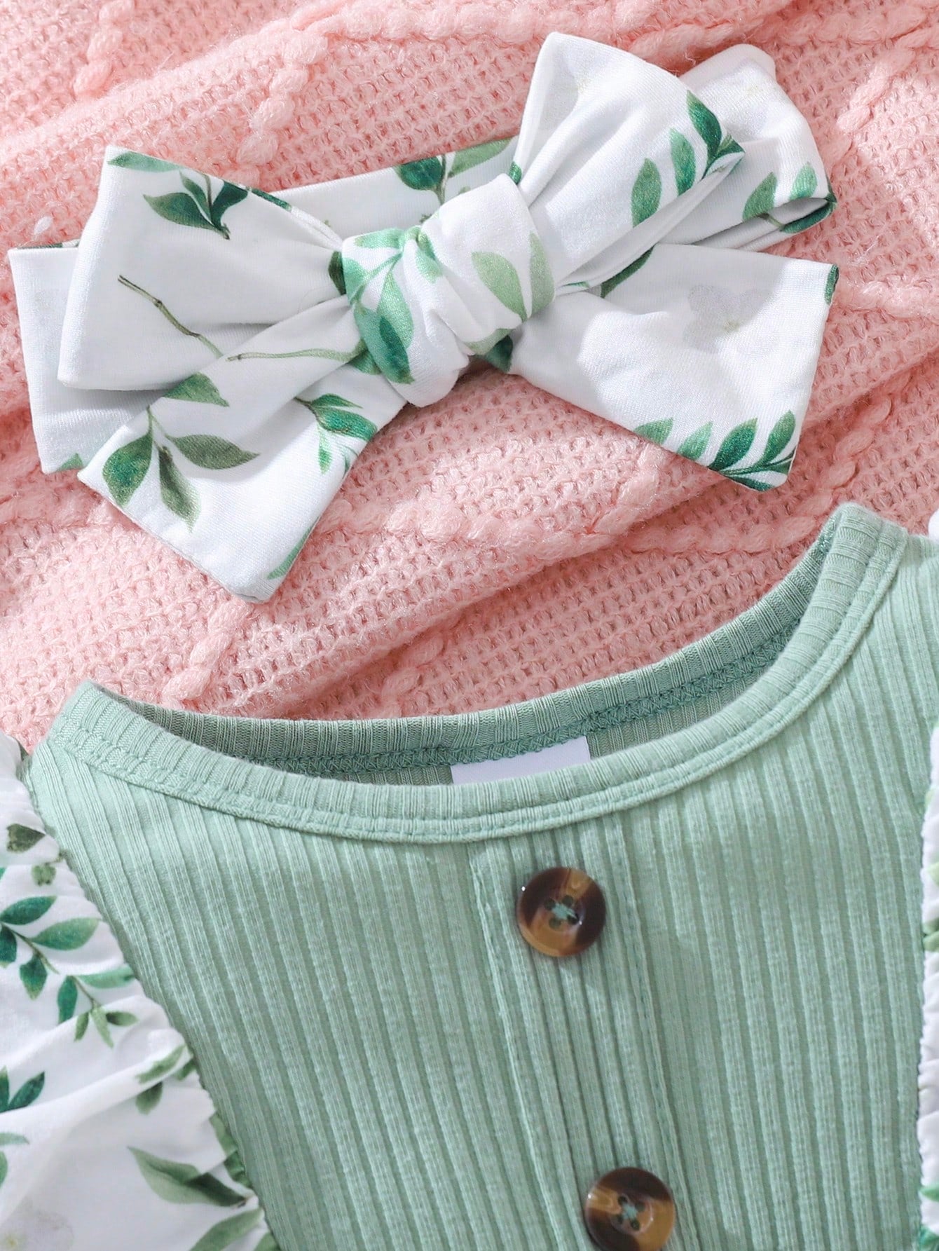 2pcs/Set Baby Girl Autumn/Winter Green Long Sleeve Lace Bow Button Leaf Allover Print Jumpsuit And Headband Set