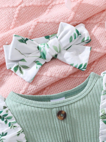 2pcs/Set Baby Girl Autumn/Winter Green Long Sleeve Lace Bow Button Leaf Allover Print Jumpsuit And Headband Set