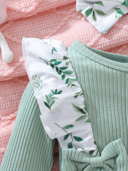 2pcs/Set Baby Girl Autumn/Winter Green Long Sleeve Lace Bow Button Leaf Allover Print Jumpsuit And Headband Set