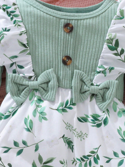 2pcs/Set Baby Girl Autumn/Winter Green Long Sleeve Lace Bow Button Leaf Allover Print Jumpsuit And Headband Set