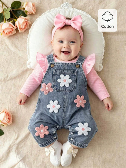 2pcs/Set Baby Girl Korean Style Fresh Floral Embroidered Denim Overalls Set, Pink Flutter Sleeve Ribbed Long Sleeve T-Shirt, Exquisite Embroidery, Soft Fabric, Regular Thickness, Infant Toddler