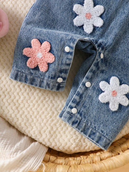 2pcs/Set Baby Girl Korean Style Fresh Floral Embroidered Denim Overalls Set, Pink Flutter Sleeve Ribbed Long Sleeve T-Shirt, Exquisite Embroidery, Soft Fabric, Regular Thickness, Infant Toddler