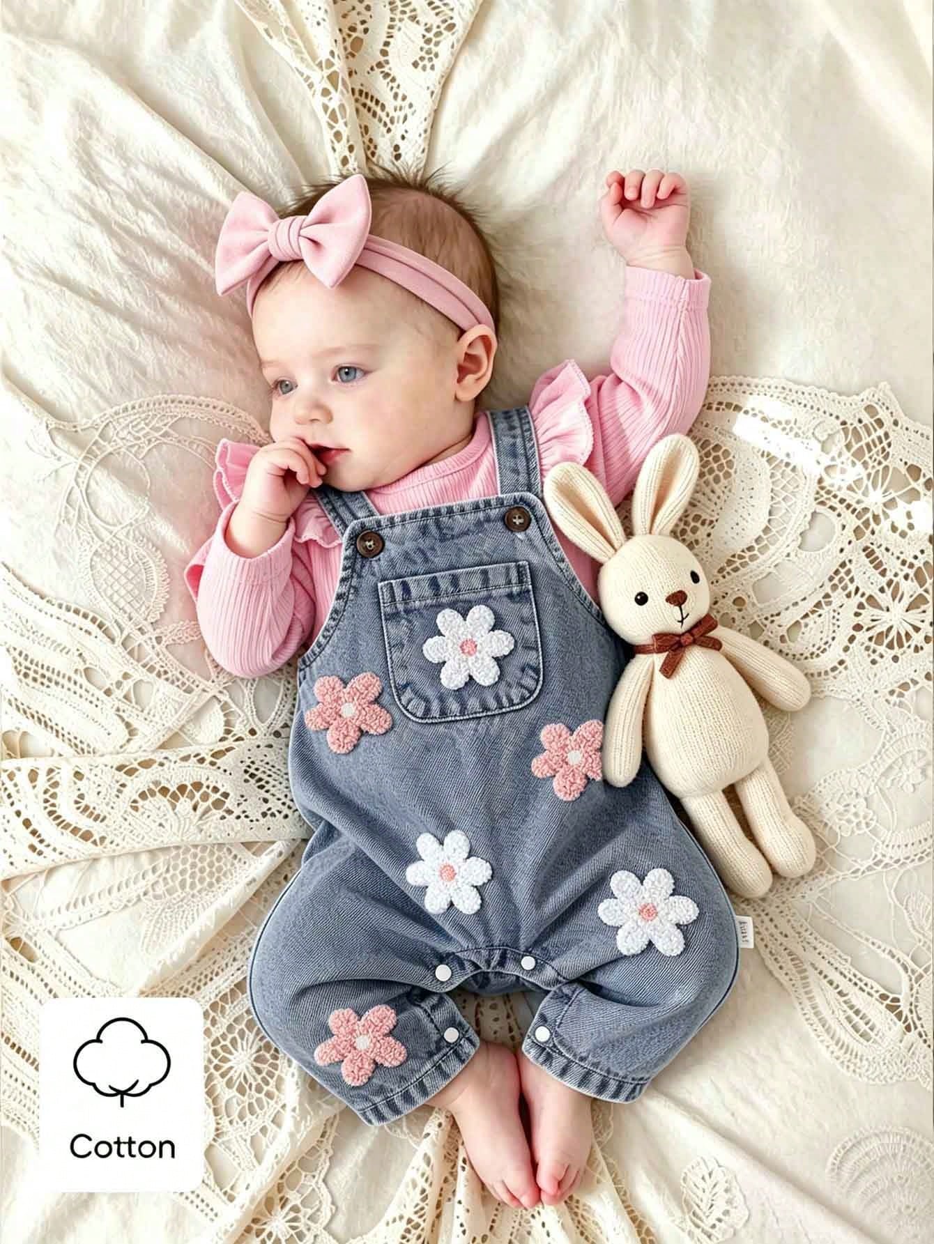 2pcs/Set Baby Girl Korean Style Fresh Floral Embroidered Denim Overalls Set, Pink Flutter Sleeve Ribbed Long Sleeve T-Shirt, Exquisite Embroidery, Soft Fabric, Regular Thickness, Infant Toddler