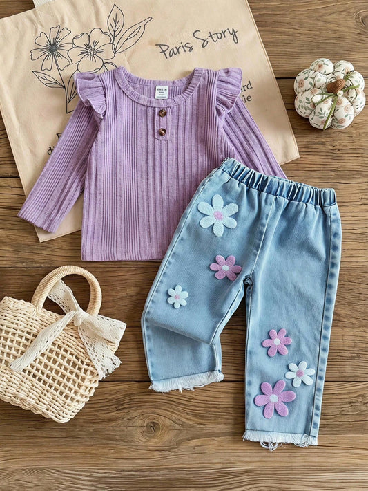 2pcs/Set Baby Girl Purple Autumn Outfits Cute Modest Matching Family Knitted Long Sleeve Top & Floral Embroidered Denim Jeans Spring Fall Baby Girl Clothes