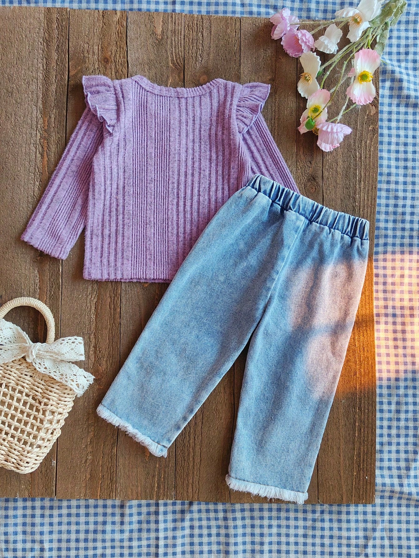 2pcs/Set Baby Girl Purple Autumn Outfits Cute Modest Matching Family Knitted Long Sleeve Top & Floral Embroidered Denim Jeans Spring Fall Baby Girl Clothes