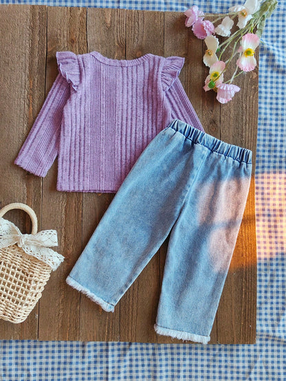2pcs/Set Baby Girl Purple Autumn Outfits Cute Modest Matching Family Knitted Long Sleeve Top & Floral Embroidered Denim Jeans Spring Fall Baby Girl Clothes