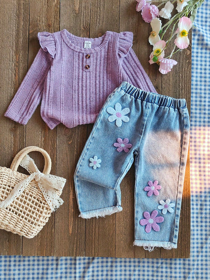 2pcs/Set Baby Girl Purple Autumn Outfits Cute Modest Matching Family Knitted Long Sleeve Top & Floral Embroidered Denim Jeans Spring Fall Baby Girl Clothes