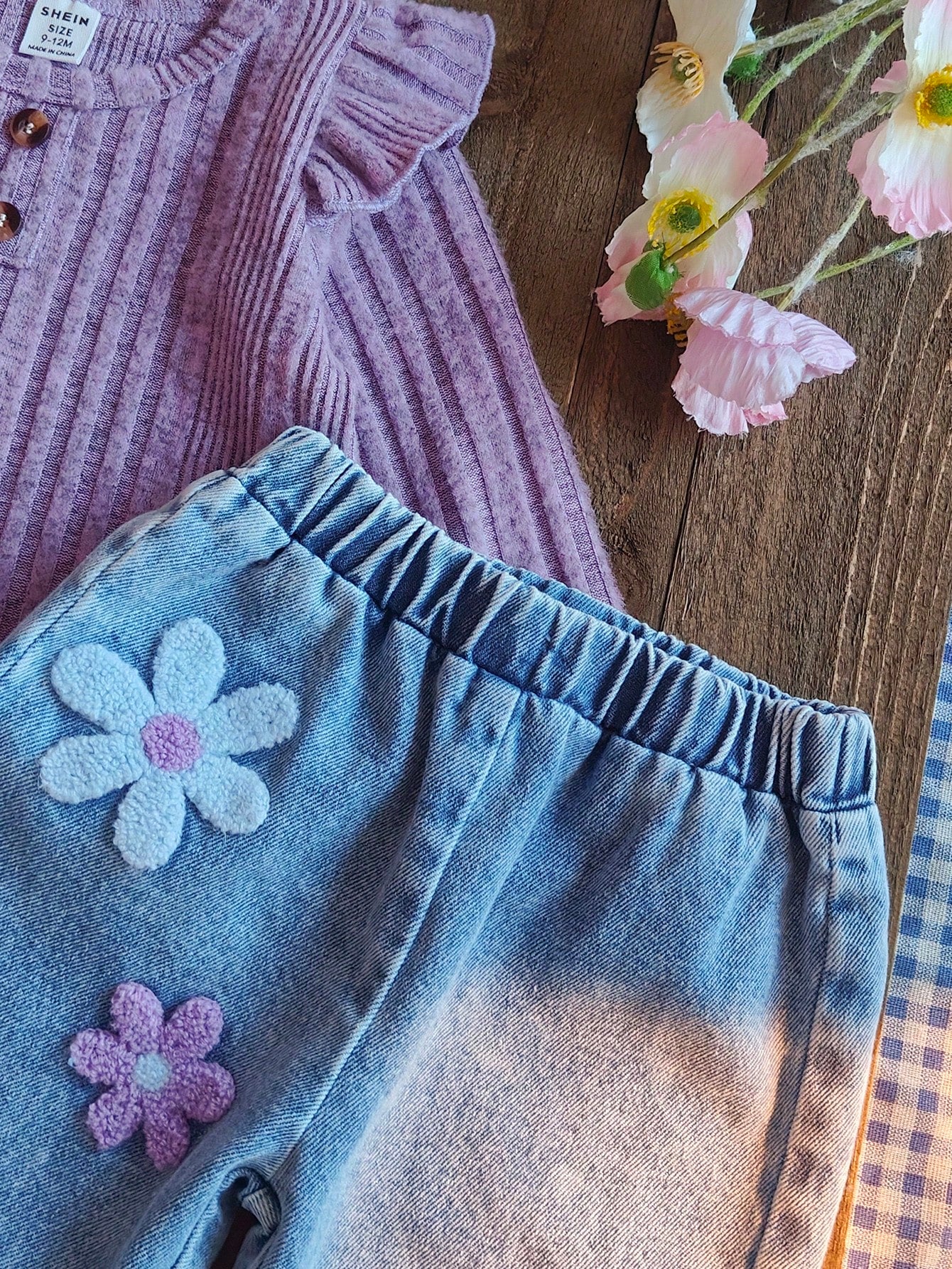 2pcs/Set Baby Girl Purple Autumn Outfits Cute Modest Matching Family Knitted Long Sleeve Top & Floral Embroidered Denim Jeans Spring Fall Baby Girl Clothes