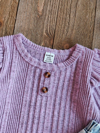 2pcs/Set Baby Girl Purple Autumn Outfits Cute Modest Matching Family Knitted Long Sleeve Top & Floral Embroidered Denim Jeans Spring Fall Baby Girl Clothes