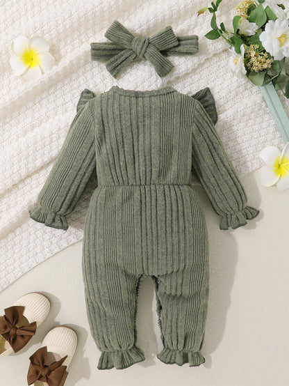 2pcs/Set Baby Girl Soft & Breathable Solid Color One-Piece Jumpsuit With Front Bow & Ruffle Details, Headband, Adorable