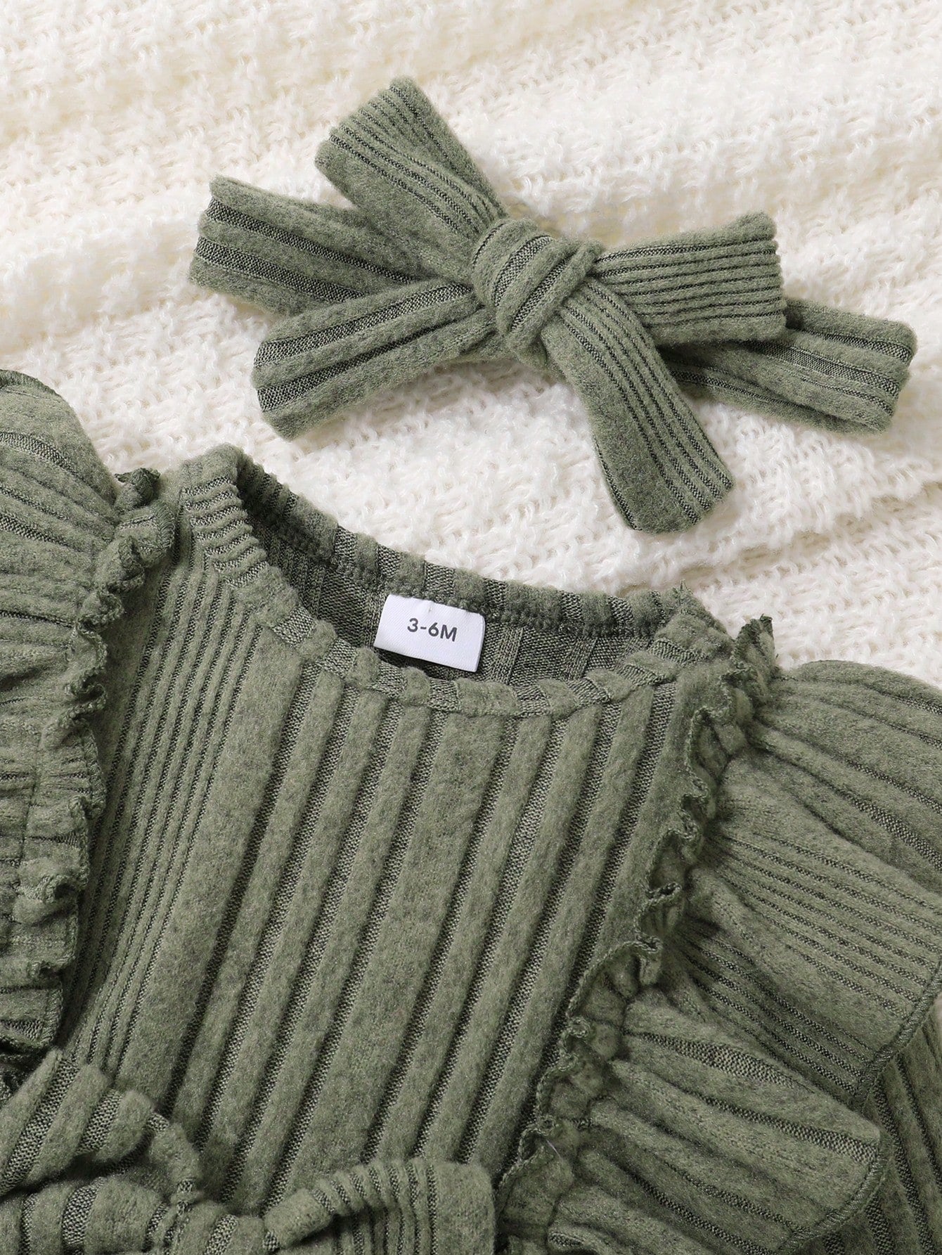 2pcs/Set Baby Girl Soft & Breathable Solid Color One-Piece Jumpsuit With Front Bow & Ruffle Details, Headband, Adorable