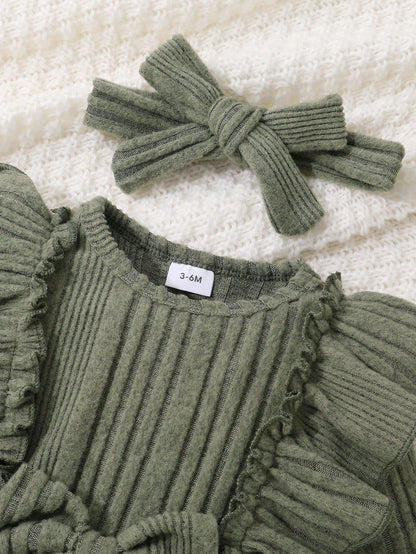 2pcs/Set Baby Girl Soft & Breathable Solid Color One-Piece Jumpsuit With Front Bow & Ruffle Details, Headband, Adorable