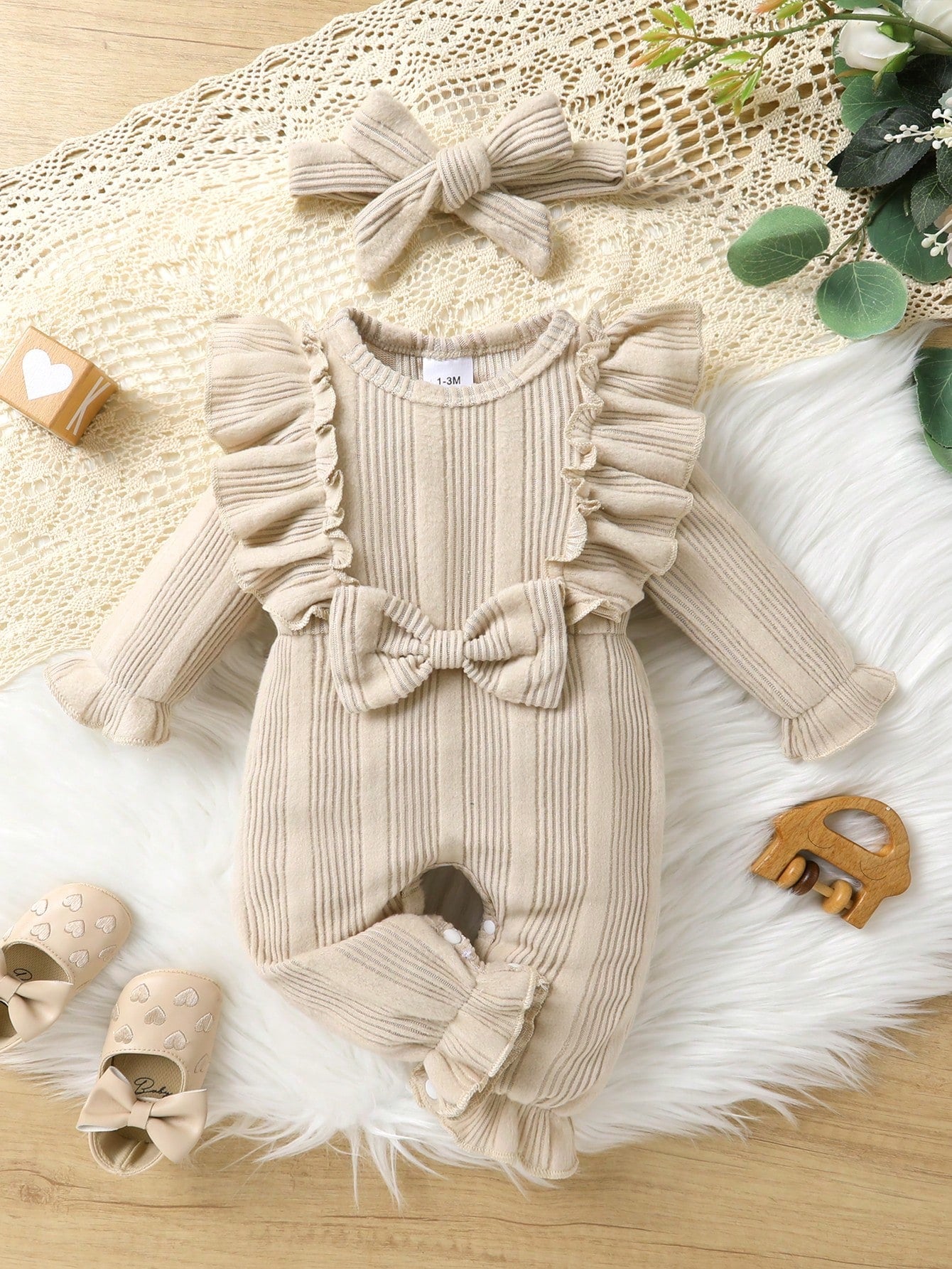 2pcs/Set Baby Girl Soft & Breathable Solid Color One-Piece Jumpsuit With Front Bow & Ruffle Details, Headband, Adorable