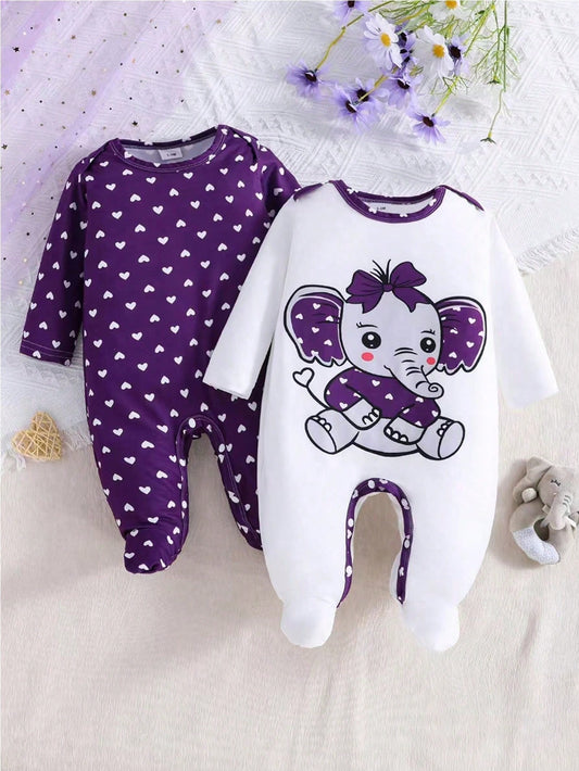 2pcs/Set Baby Girls' Heart & Elephant Print Long Sleeve Romper, All Season