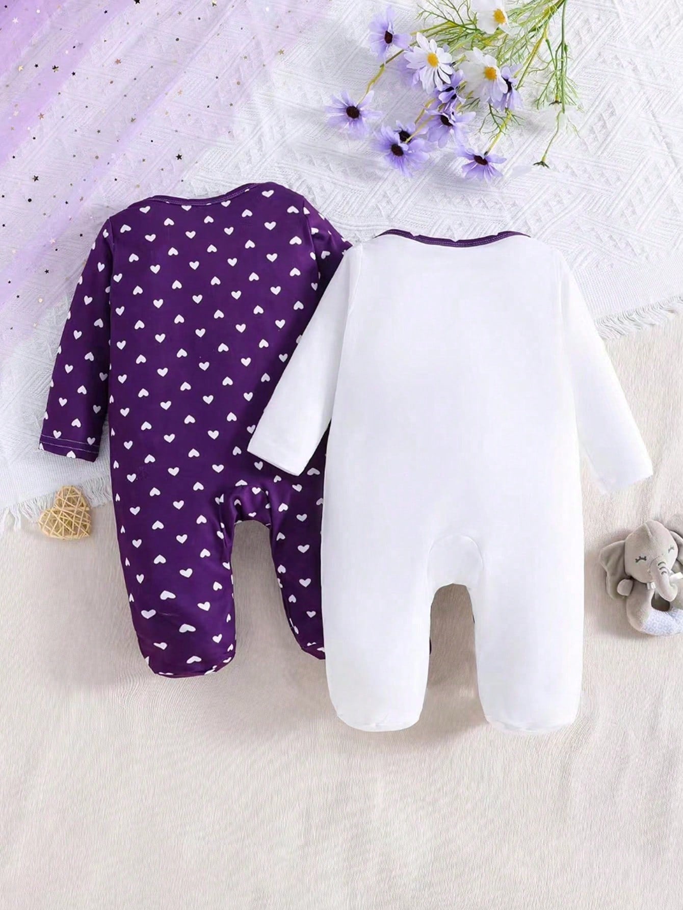 2pcs/Set Baby Girls' Heart & Elephant Print Long Sleeve Romper, All Season