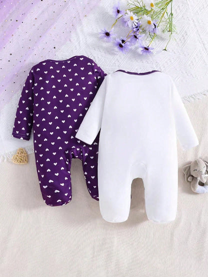 2pcs/Set Baby Girls' Heart & Elephant Print Long Sleeve Romper, All Season
