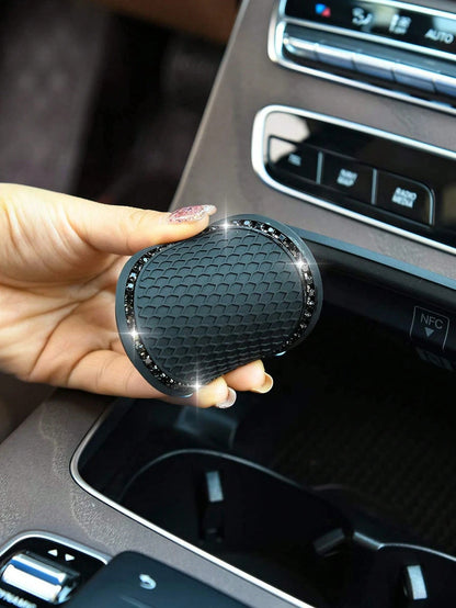 2pcs Set Black Diamond Studded Car Cup Holder Anti-Slip Coaster