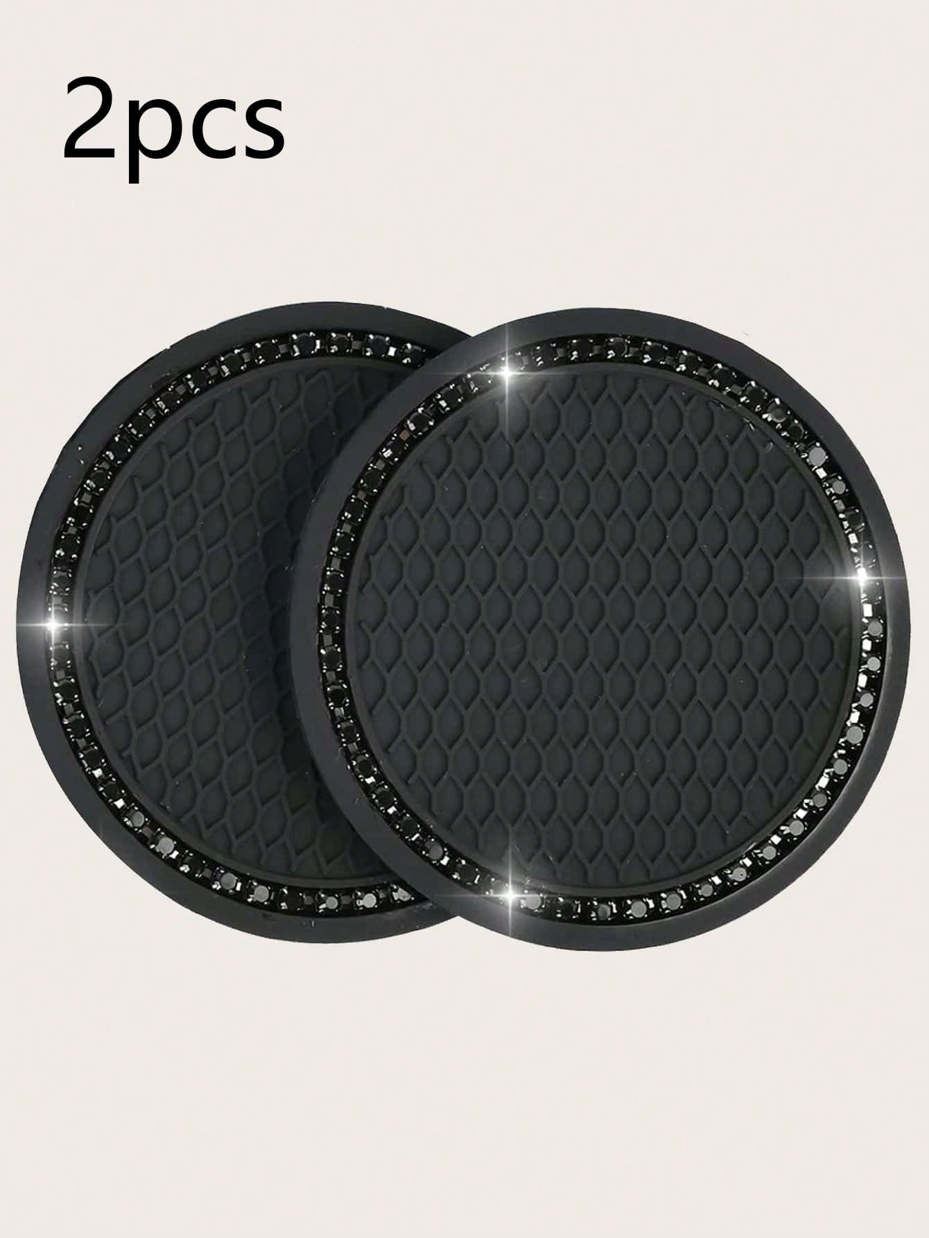 2pcs Set Black Diamond Studded Car Cup Holder Anti-Slip Coaster