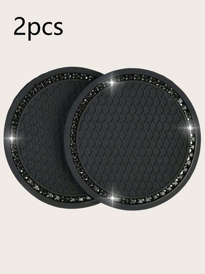 2pcs Set Black Diamond Studded Car Cup Holder Anti-Slip Coaster