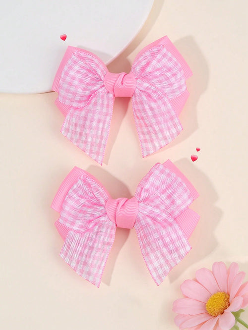2pcs/Set Girls Pink Bow Hair Clips, Cute Pink Plaid Alligator Hair Clips, Soft Satin Bow Hair Clips, Sweet Elegant Casual Hair Accessories, Birthday Gift For Girls & Babies