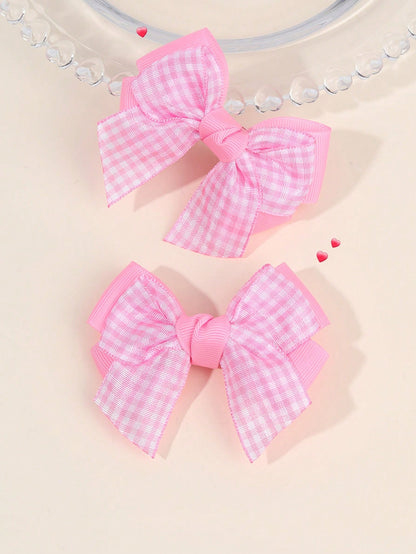 2pcs/Set Girls Pink Bow Hair Clips, Cute Pink Plaid Alligator Hair Clips, Soft Satin Bow Hair Clips, Sweet Elegant Casual Hair Accessories, Birthday Gift For Girls & Babies