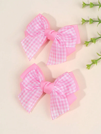 2pcs/Set Girls Pink Bow Hair Clips, Cute Pink Plaid Alligator Hair Clips, Soft Satin Bow Hair Clips, Sweet Elegant Casual Hair Accessories, Birthday Gift For Girls & Babies